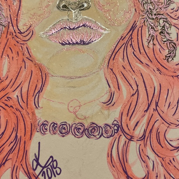 Unframed Original Glittering Butterfly & Feathered Pink Haired Girl Portrait - Picture 6 of 6